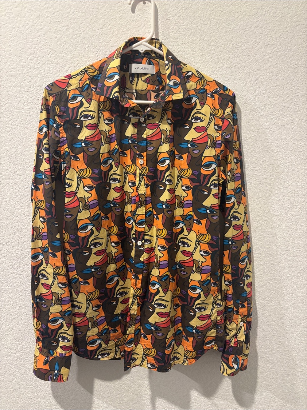Aglini Men's Multicolor Abstract Faces Button-Down Shirt